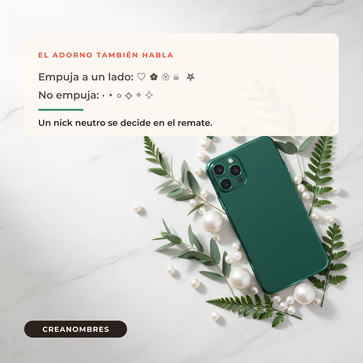 Celular verde entre hojas y perlas sobre mármol con la comparación de adornos que marcan género y adornos neutros