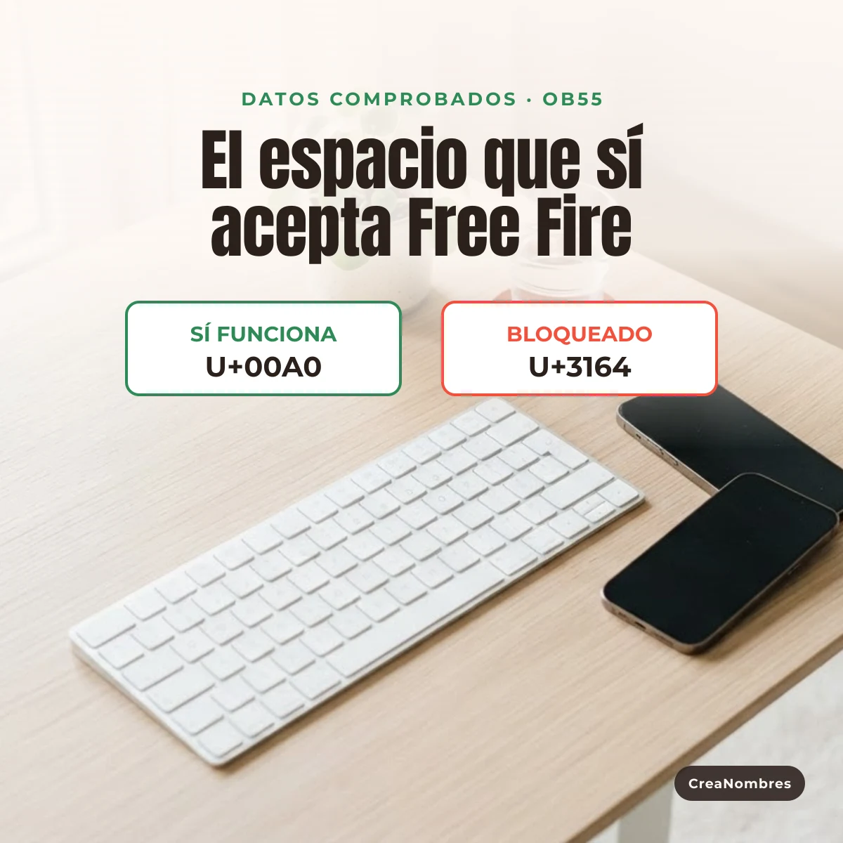 Comparativa del carácter de espacio U+00A0 que sí acepta Free Fire frente a U+3164 bloqueado