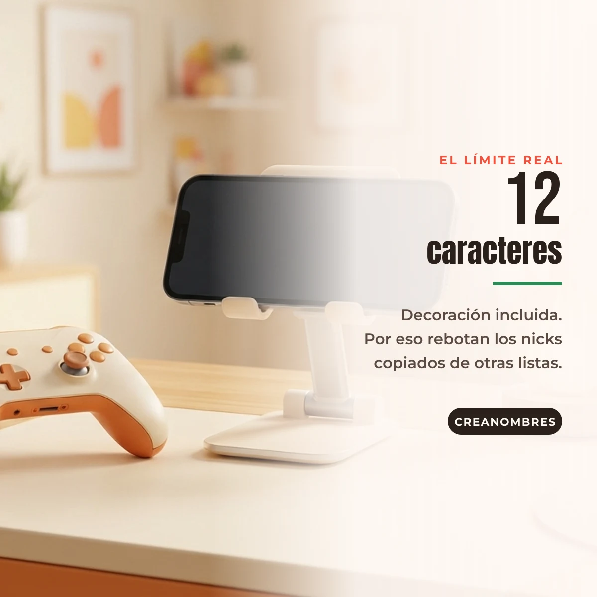 Celular en un soporte sobre un escritorio claro junto al dato del límite de 12 caracteres en Free Fire