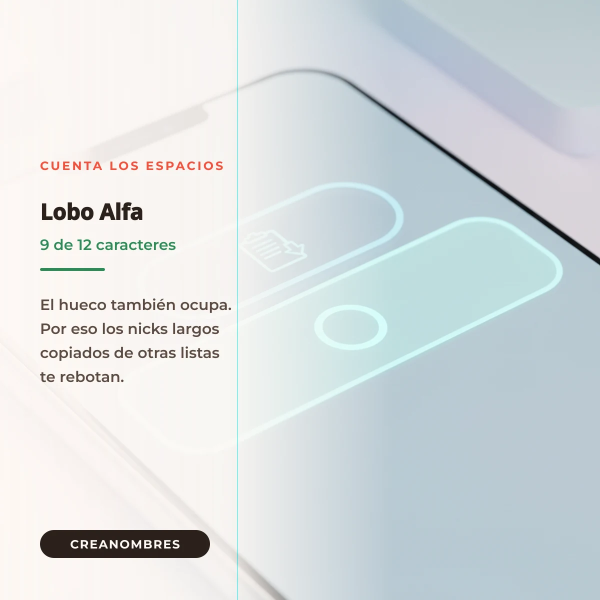Campo de nombre de un celular con el ejemplo de un nick de 9 de 12 caracteres contando el espacio