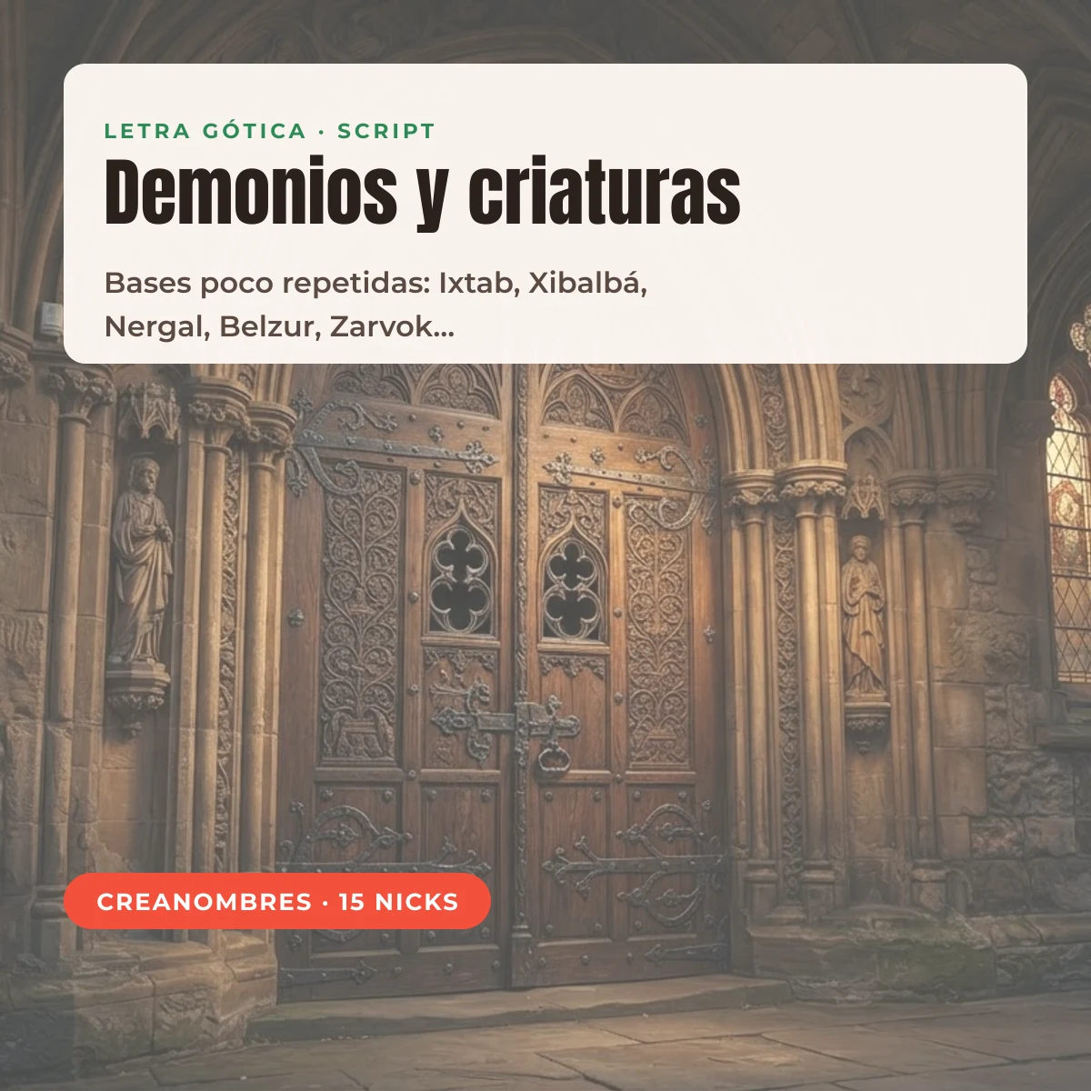 Portón gótico de madera tallada junto al rótulo de nombres de demonios y criaturas para Free Fire
