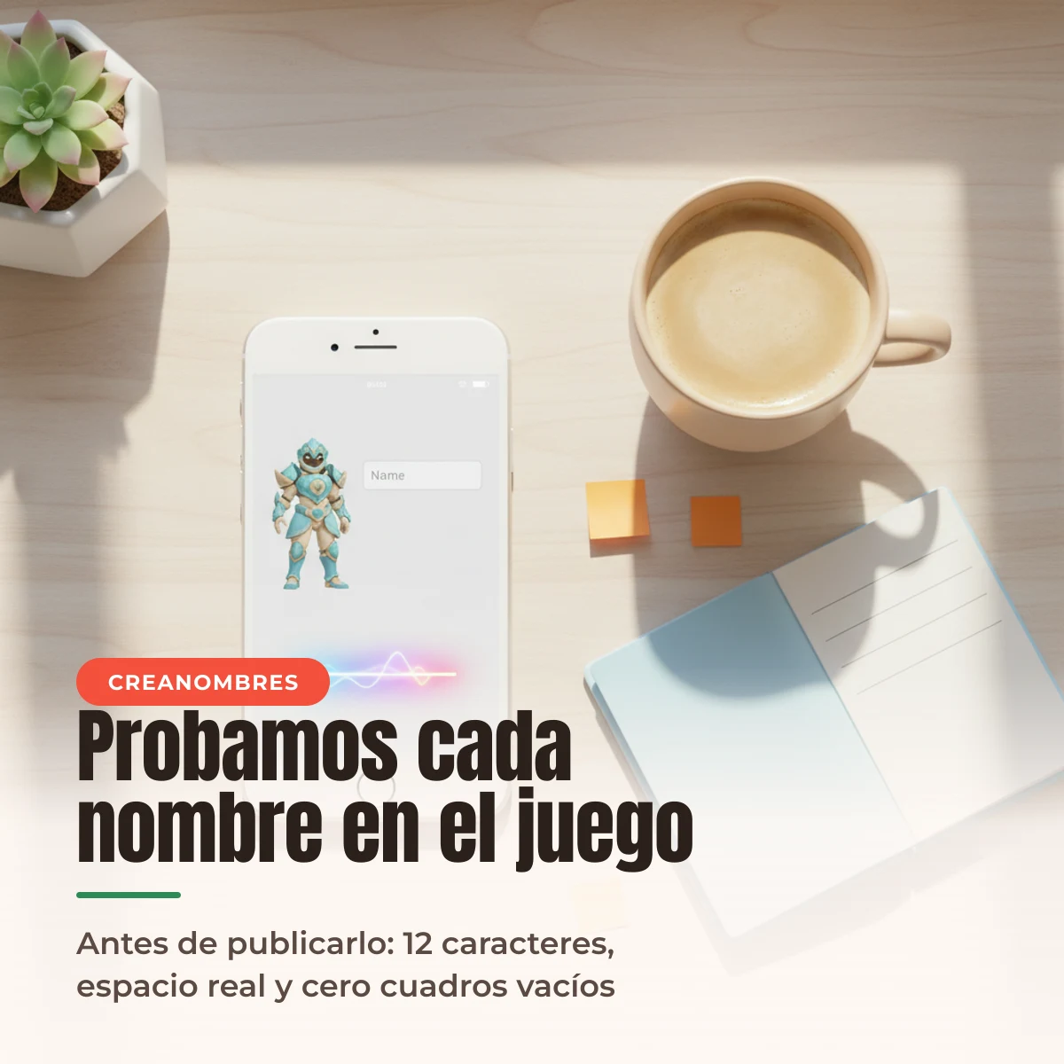 Escritorio con un celular mostrando el campo de nombre de un juego móvil, parte del proceso de CreaNombres