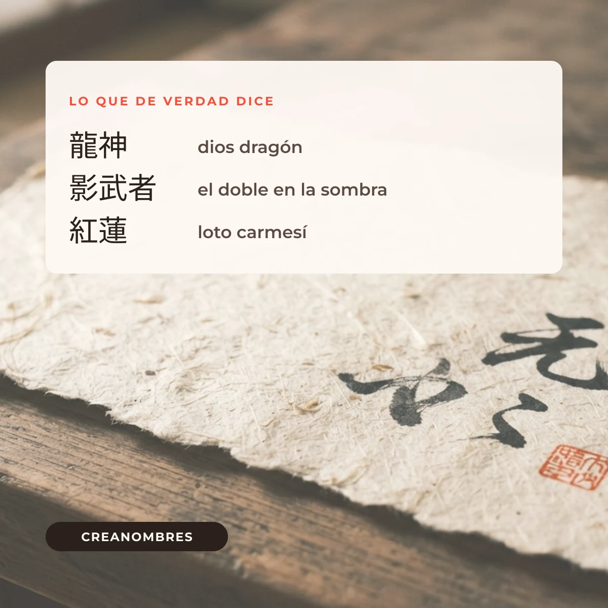 Papel washi con caligrafía a tinta y la traducción de los nicks 龍神, 影武者 y 紅蓮
